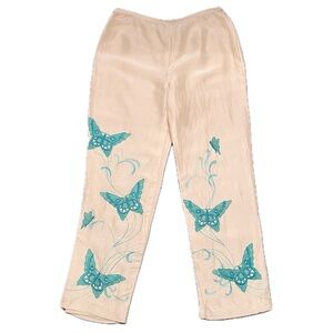 Vintage Silk Cream Teal Embroidered Butterfly Pants Yves Cossette Depeche Mode